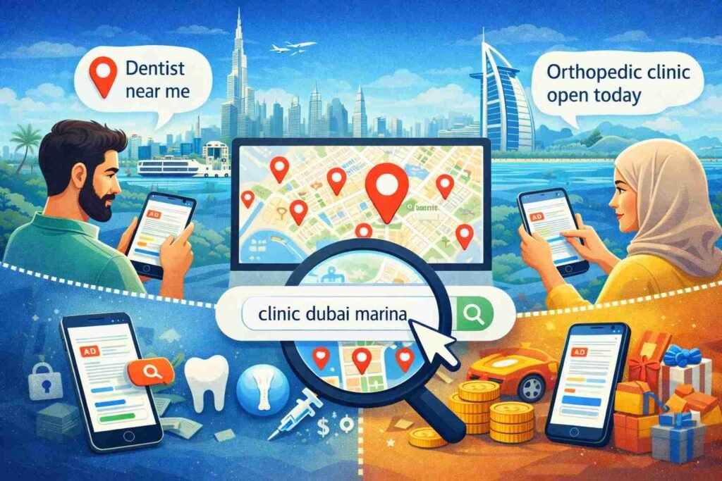 How do patients search for clinics in Dubai?