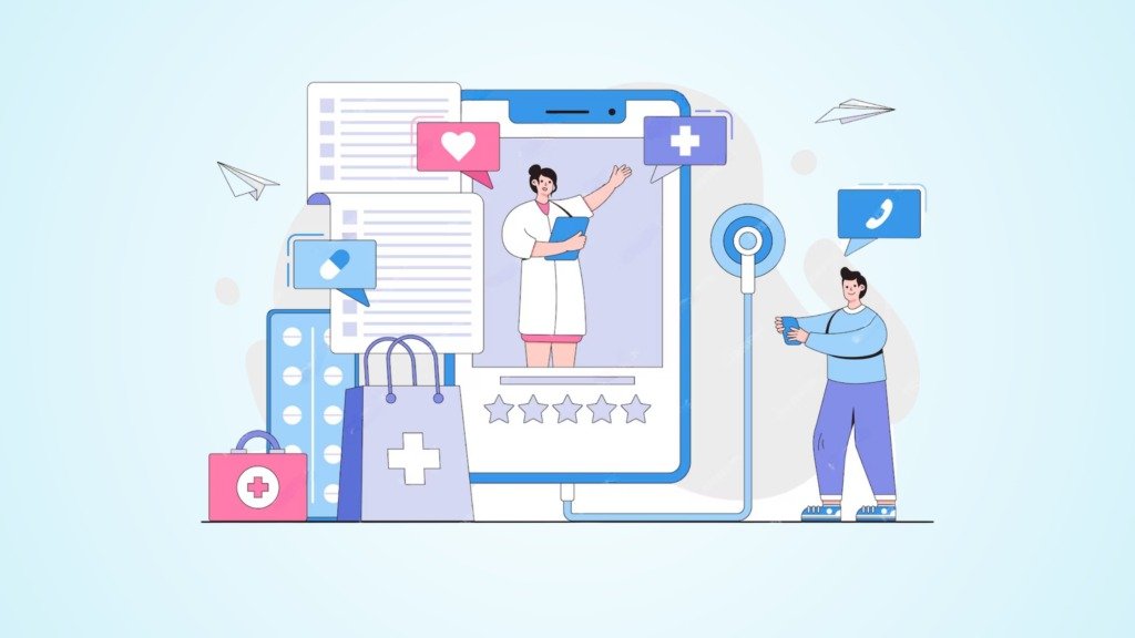 Illustration of clinics using Google Ads and digital tools to connect with patients and increase online bookings in Dubai.