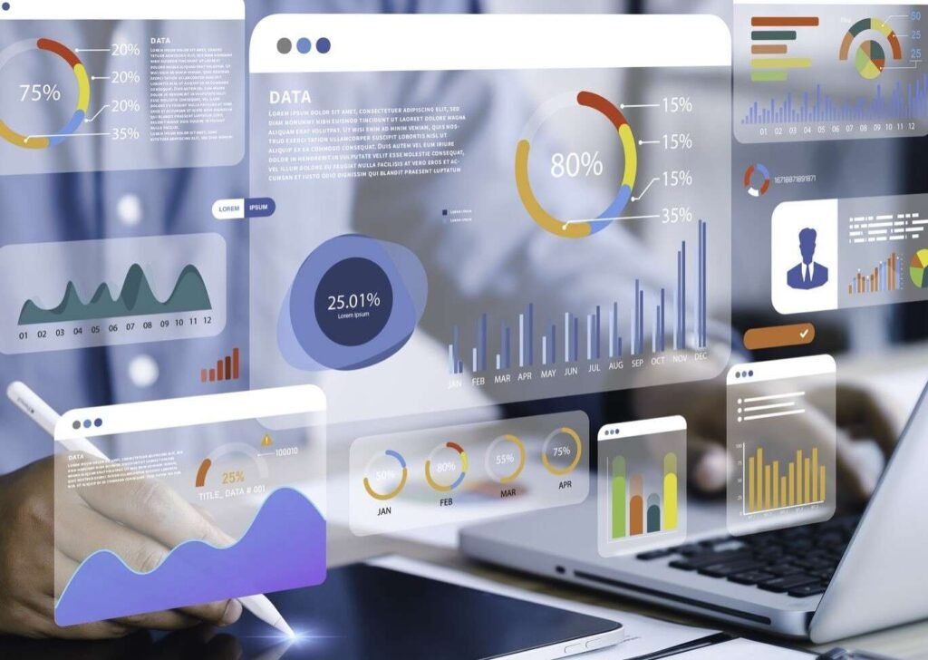 High-detail image of a data-driven marketing analytics interface showing charts, percentages, and monthly performance indicators, featured in the article about marketing analytics dashboards for Dubai businesses.