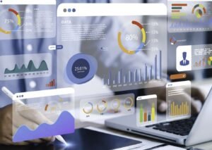 High-detail image of a data-driven marketing analytics interface showing charts, percentages, and monthly performance indicators, featured in the article about marketing analytics dashboards for Dubai businesses.