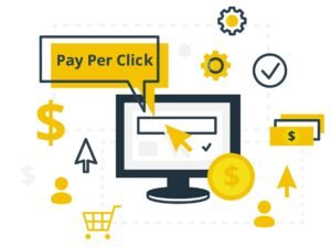 Illustration of pay-per-click advertising concept showing a computer screen, cursor click, dollar icons, and ecommerce symbols.