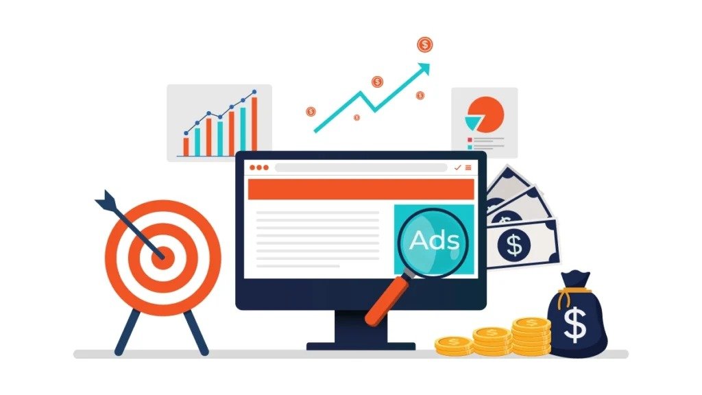 Illustration representing pay-per-click advertising strategy with targeting, performance analytics, and revenue growth elements, featured in the article about pay-per-click advertising in UAE for international ecommerce brands.
