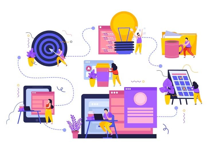 Colorful illustration representing graphic design services including branding, UI design, social media content, and creative strategy, featured in the article “Best graphic design services in Dubai for social media and websites.”