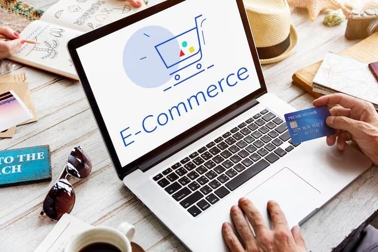 Image showing an online shopping interface with connected icons representing shipping, payments, communication, and global ecommerce operations, featured in the article “Product graphic design for ecommerce brands.”