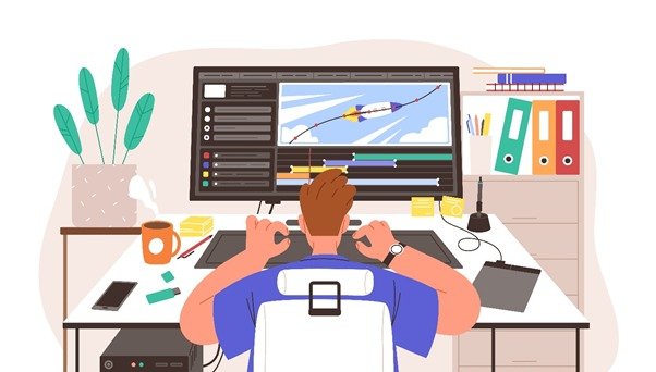 صورة توضيحية تُظهر عملية تصميم الرسوم المتحركة باستخدام برامج احترافية، ضمن مقال يتناول خدمات فيديو الموشن جرافيك في دبي ومراحل الإنتاج الإبداعي.