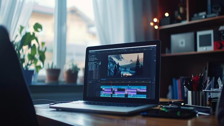 Detailed image of a professional video editing interface showing multiple layers, transitions, and sound tracks, featured in the article “Motion graphic video services in Dubai.”
